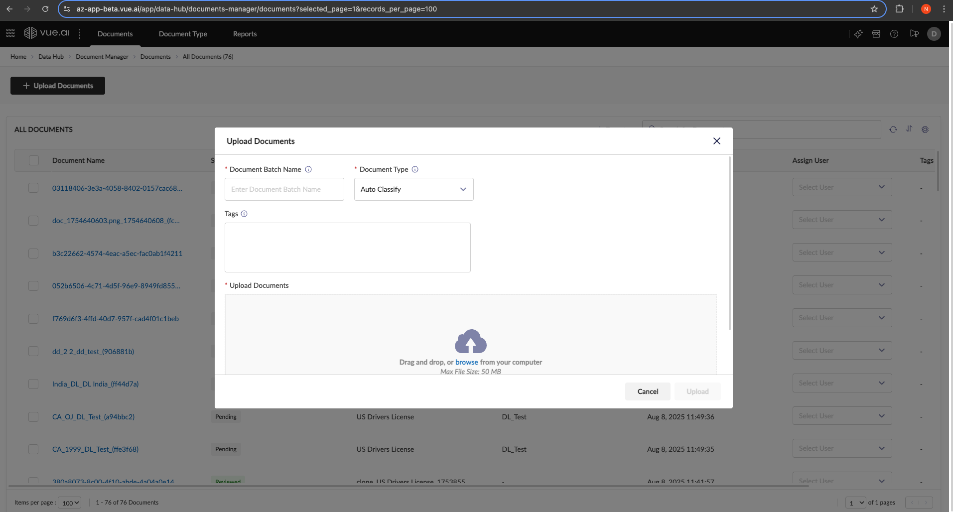 The Upload Documents modal.