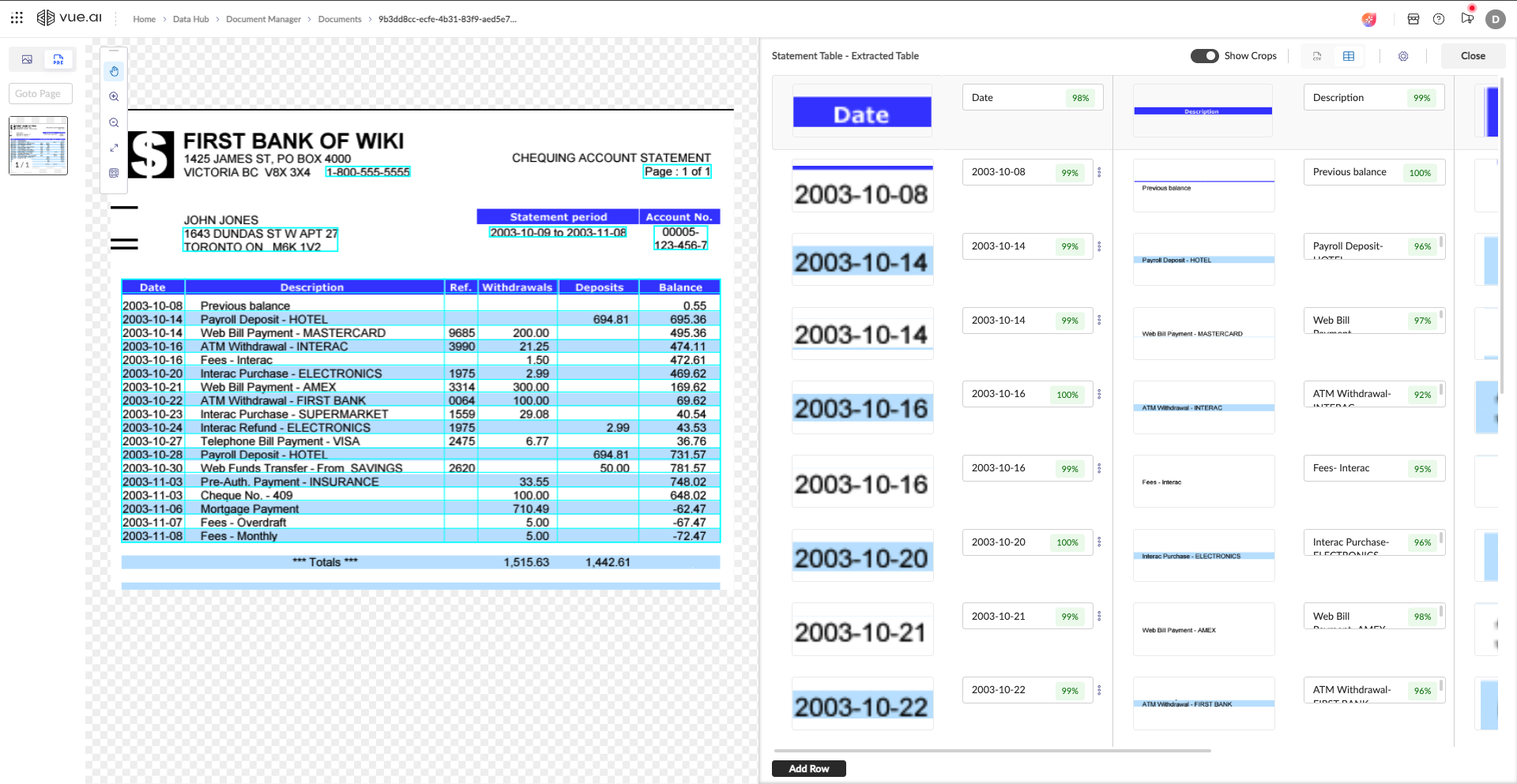 The "Show Crops" view displays the actual image snippet for each cell.