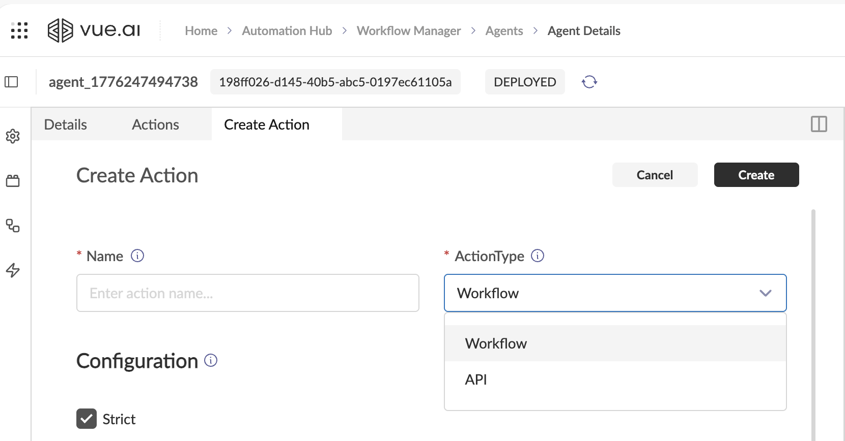 ActionType dropdown showing Workflow and API options