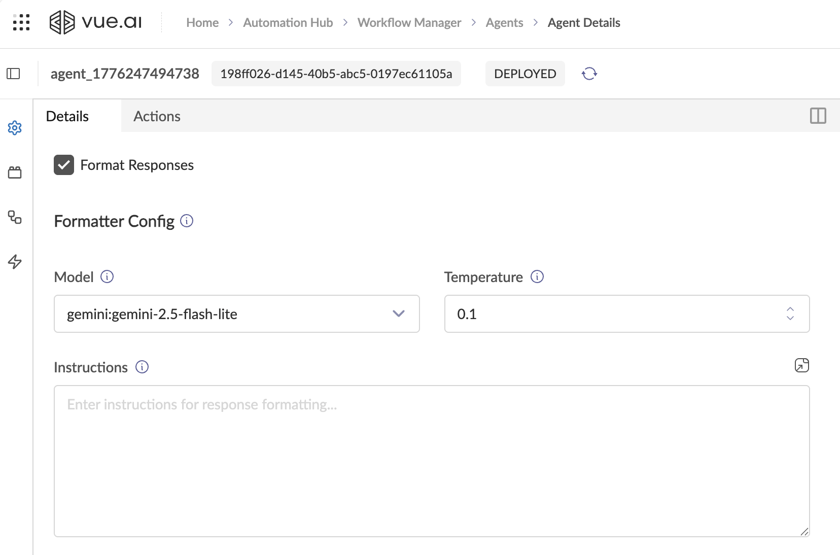 Format Responses checked, showing Formatter Config with Model, Temperature, and Instructions textarea