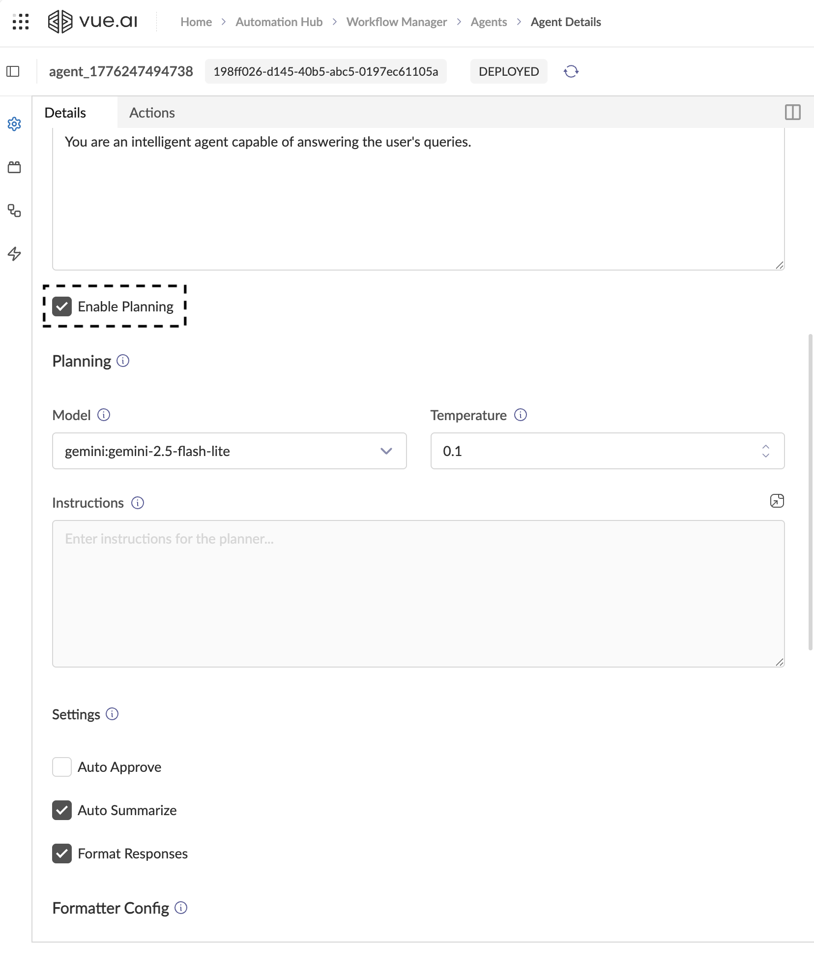 Enable Planning checkbox checked, revealing the Planning config section with Model, Temperature, and Instructions