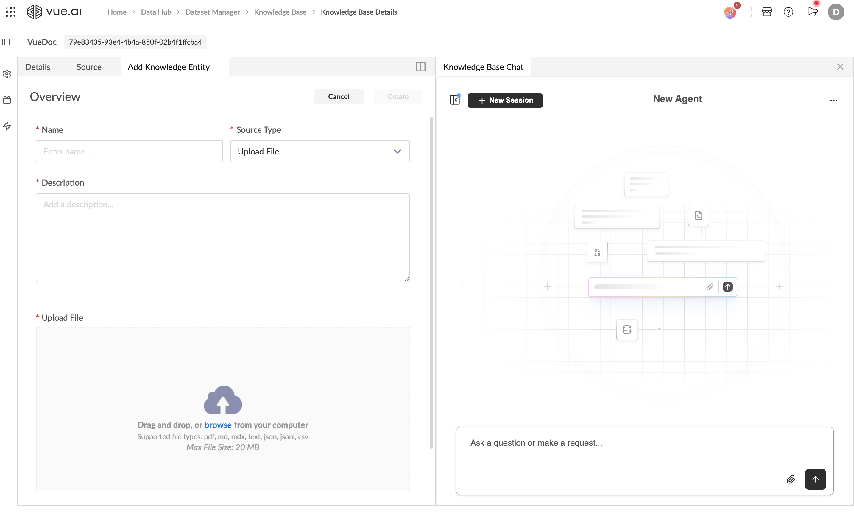 Knowledge Base Source tab showing add source form