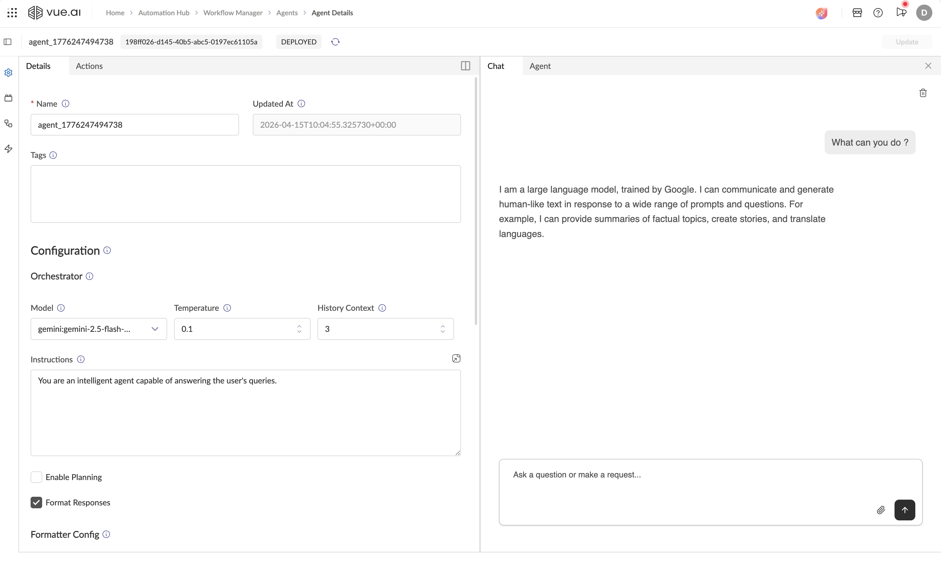 Chat window in the right pane showing the test interface with session management