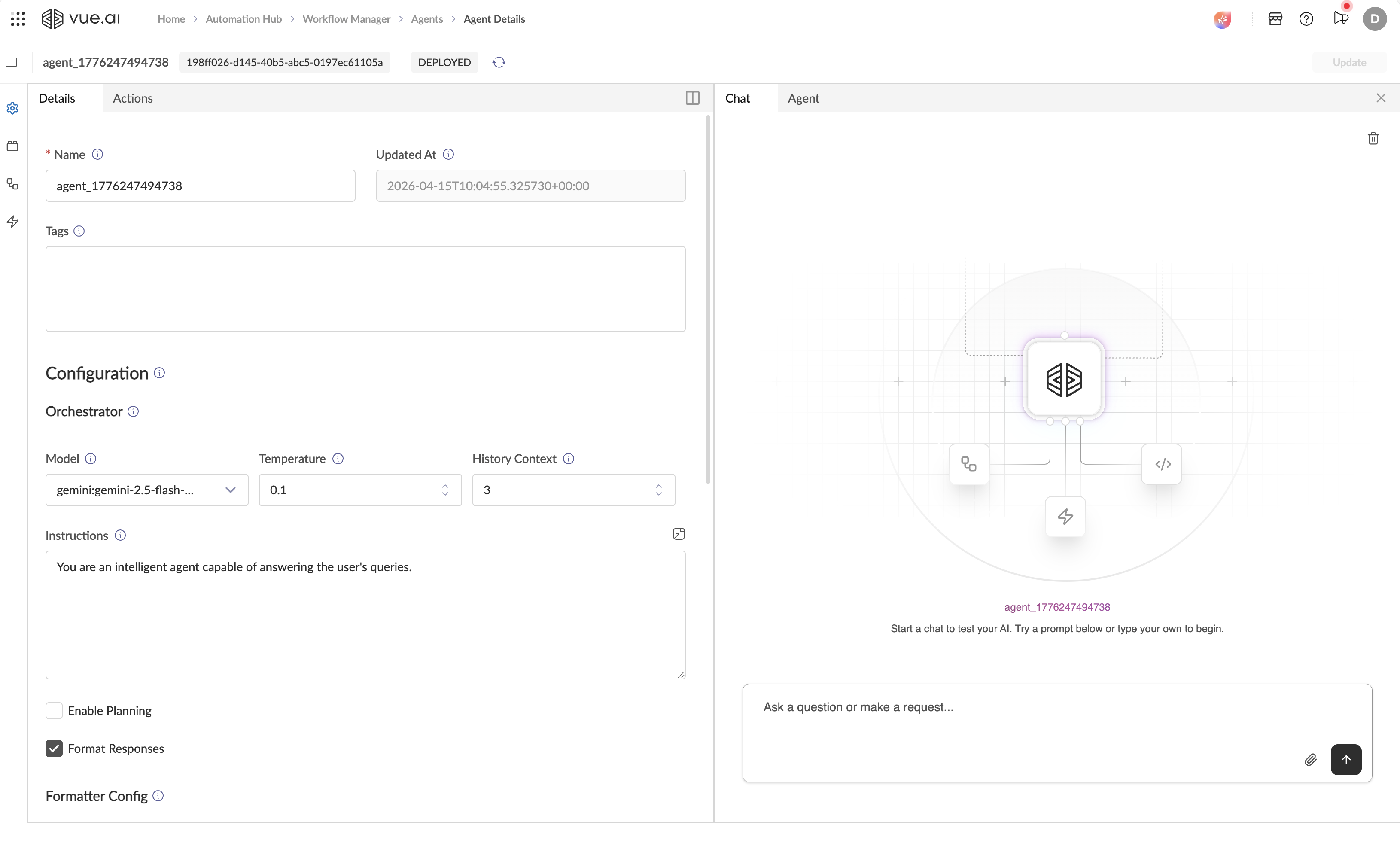 Agent Details tab showing Name, Tags, Orchestrator configuration with Model, Temperature, History Context, and Instructions