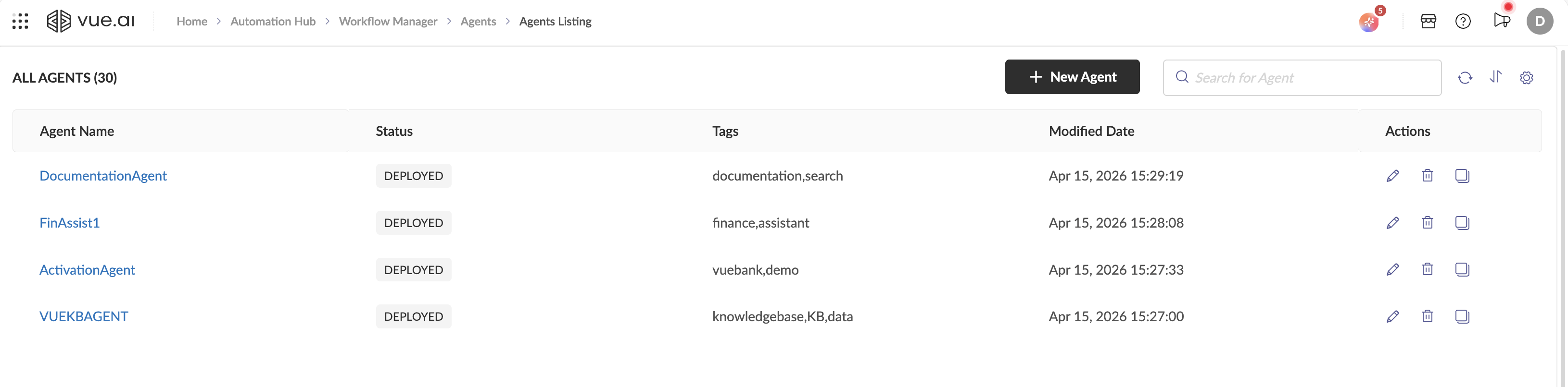 Agents Listing Page — shows all existing agents with their status, tags, and modification dates